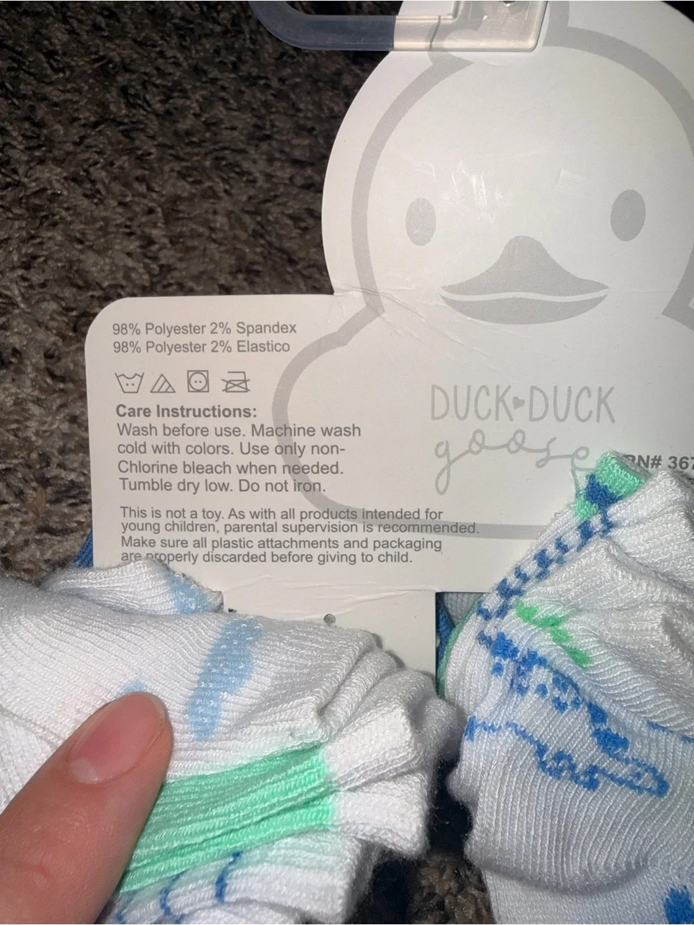 Duck Duck Goose 10-Pack Baby Socks (12-24M) - White with Blue & Green Prints